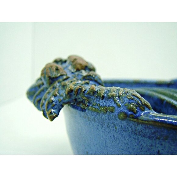 Handmade Blue Round Shaped Pottery Ashtray Trinket Dish Decorated With Frogs - Picture 11 of 11
